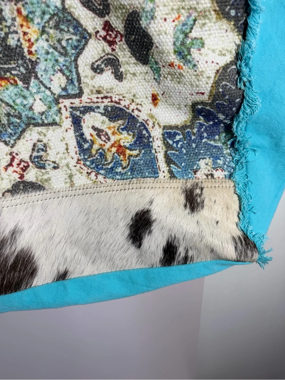 Myra Bag Turquoise Patterned Tote Bag with Calf Hair Accent